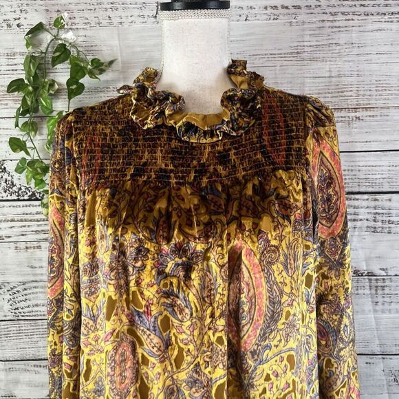 Ivy Jane Blouse Top size Extra Small Gold Blue Paisley Velour Smocking Peasant - Picture 3 of 13